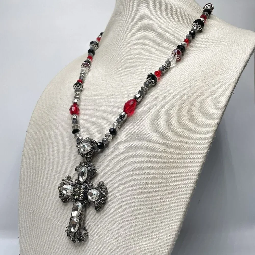 Artisan Gothic Cross Pendant Red Black White Glass Beaded Necklace Statement
